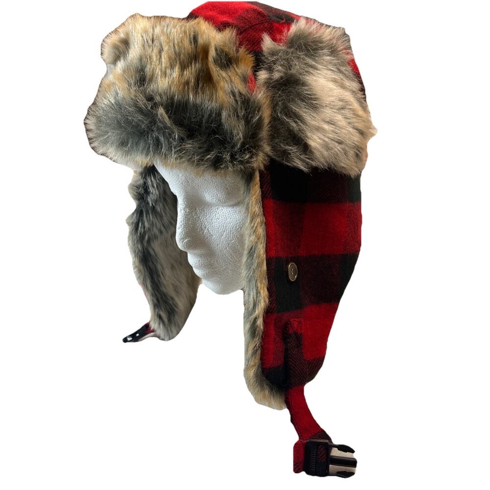 Men’s Plaid Faux Fur Trapper Winter Hat Goodfellow & Co Red/Black EAR FLAP NWOT